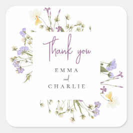 Pegatina Cuadrada Boho Wildflowers lilac Script boda