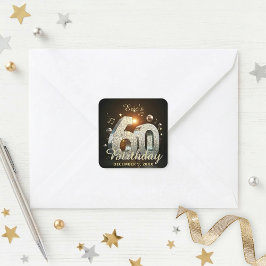 Pegatina Cuadrada Bola de Disco de Música Tema Cumpleaños 60 Dorado