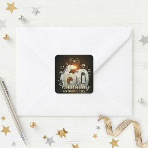 Pegatina Cuadrada Bola de Disco de Música Tema Cumpleaños 60 Dorado 