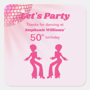 Pegatina Cuadrada Bola de discoteca Groovy rosa y morado Cumpleaños