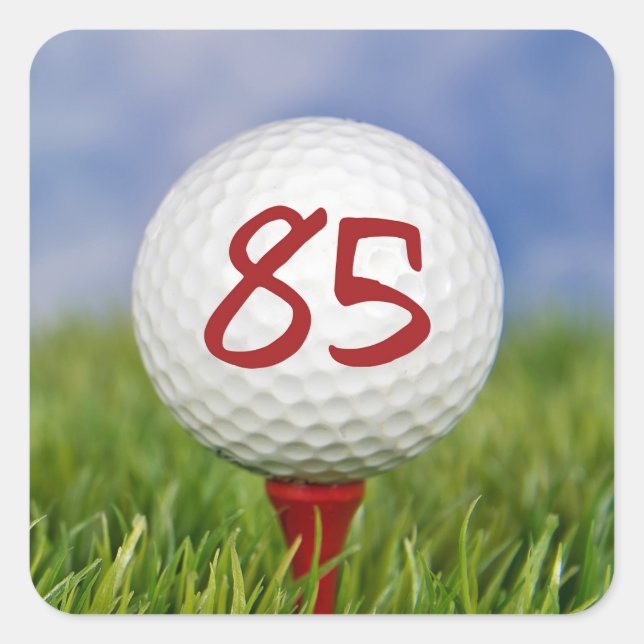 Pegatina Cuadrada bola de golf en el tee rojo cumpleaños 85 (Anverso)