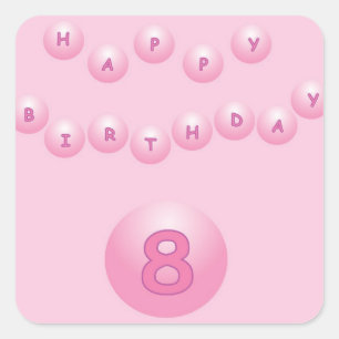 Pegatina Cuadrada Bolas de cumpleaños de color rosa feliz de edad 8