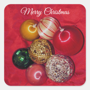 PEGATINA CUADRADA BOLAS DE NAVIDAD RETRO FELIZ NAVIDAD
