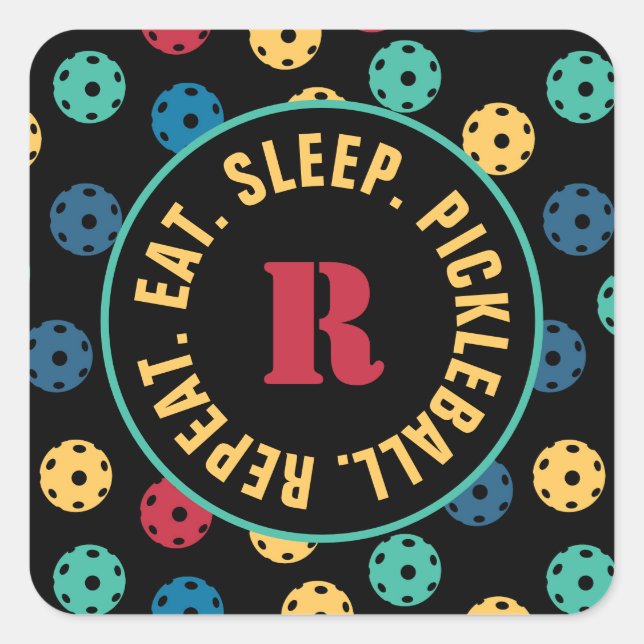 Pegatina Cuadrada 😍 bolas retro / negro con inicial (Anverso)