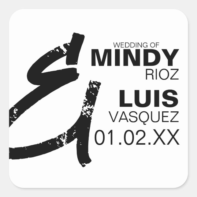 Pegatina Cuadrada BOLD AMPERSAND Grunge Negro Blanco Boda  (Anverso)