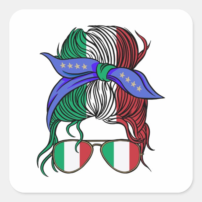 Pegatina Cuadrada Bollo desordenado de Italia con bandera italiana (Anverso)