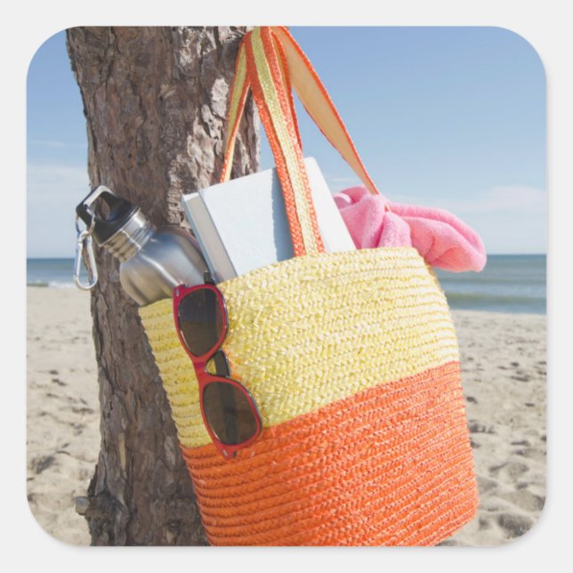 Pegatina Cuadrada Bolsa Colgada En El Tronco Del Árbol En La Playa D (Anverso)