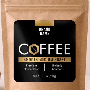 Pegatina Cuadrada Bolsa de Café en Granos Moderna Frasco Negro y Dor