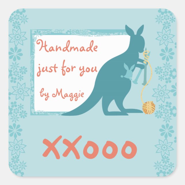 Pegatina Cuadrada Bolsa de hilo de agujas de punto de canguro azul (Anverso)