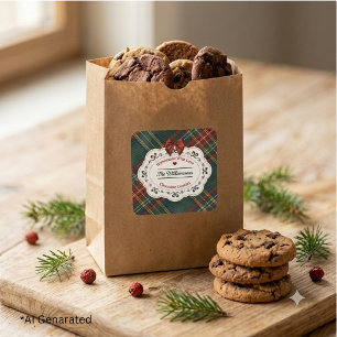 Pegatina Cuadrada Bolsa de regalo de cuadros escoceses navideños rús
