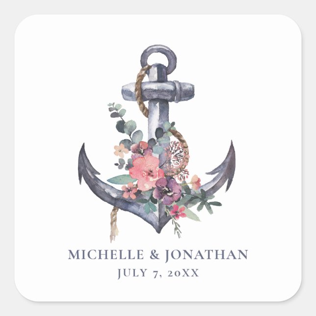 Pegatina Cuadrada Bolsa favorita de regalo de Boda de ancla floral n (Anverso)