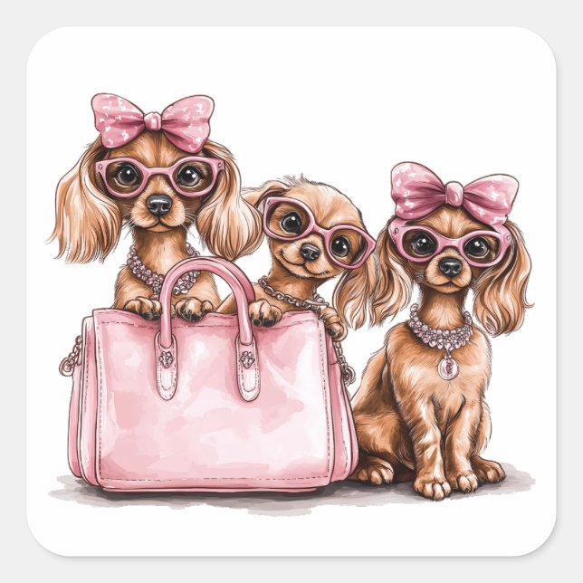 Pegatina Cuadrada Bolsa rosa de los perros Dachshund (Anverso)