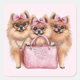 Pegatina Cuadrada Bolsa rosa de Perros Pomeranos de moda