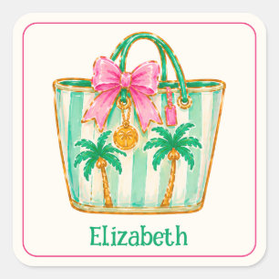 Pegatina Cuadrada Bolso de playa Preppy rosa y verde Palm Beach