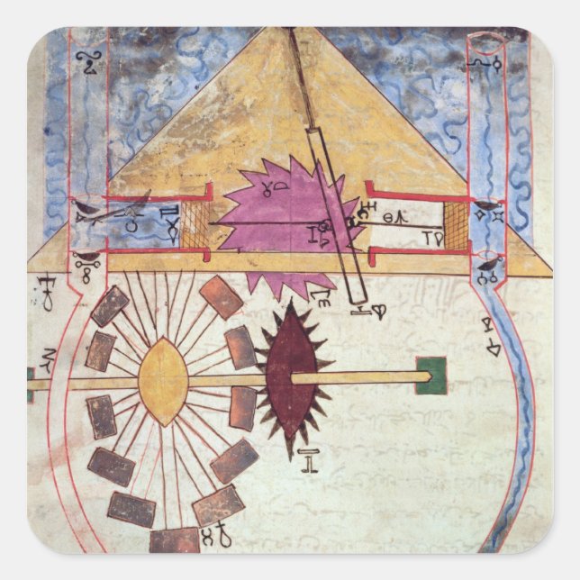 Pegatina Cuadrada Bomba de agua, del 'libro del conocimiento de (Anverso)