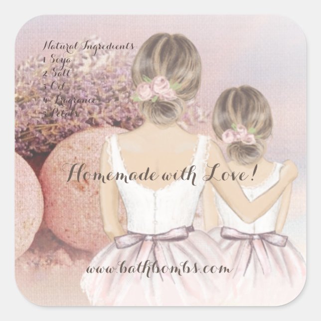 Pegatina Cuadrada Bombas de baño caseras con amor  (Anverso)