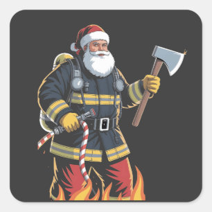 Pegatina Cuadrada Bombero Camión de bomberos Árbol de Navidad Santa 
