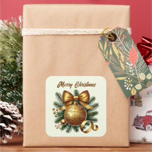 Pegatina Cuadrada Bombilla dorada de Feliz Navidad agregar texto