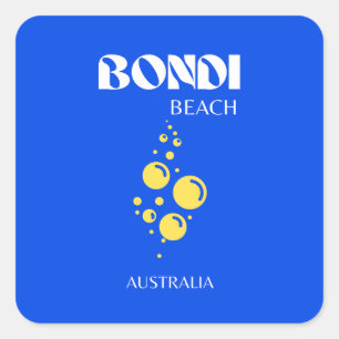 Pegatina Cuadrada Bondi Beach, Bondi Beach Travel Art, Blue