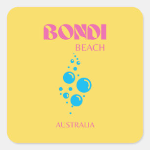 Pegatina Cuadrada Bondi Beach, Travel Art, Preppy, Amarillo, Rosa