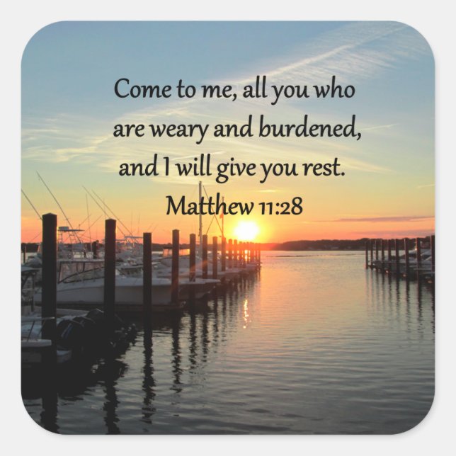 PEGATINA CUADRADA BONITA MATTHEW 11:28 SUNSET SCRIPTURE (Anverso)