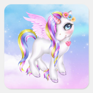 Pegatina Cuadrada Bonita unicornio con barro arco iris y cola