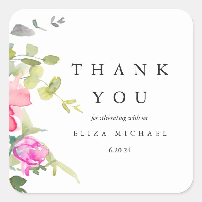 Pegatina Cuadrada Bonito Acuarela Floral Baby Shower Gracias (Anverso)