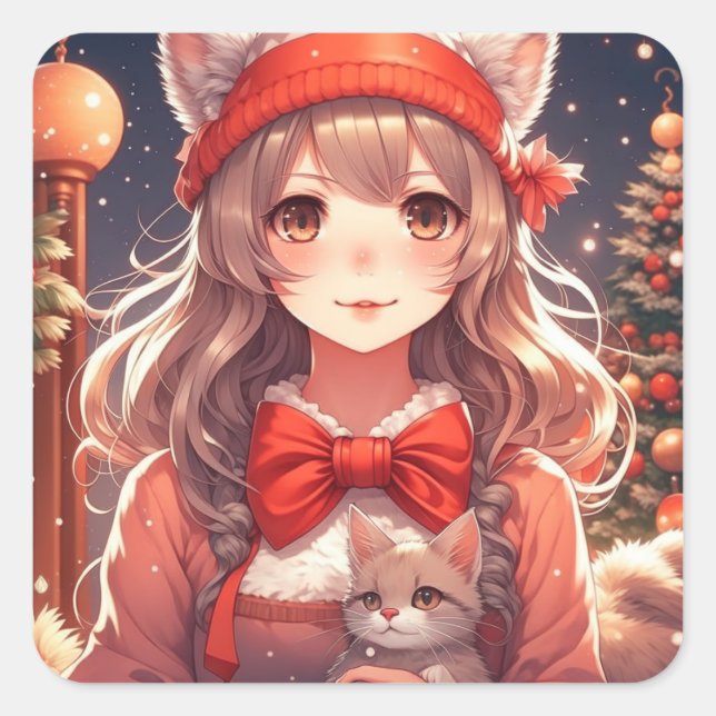 Pegatina Cuadrada Bonito Anime Chica Holding Navidades gatitos (Anverso)