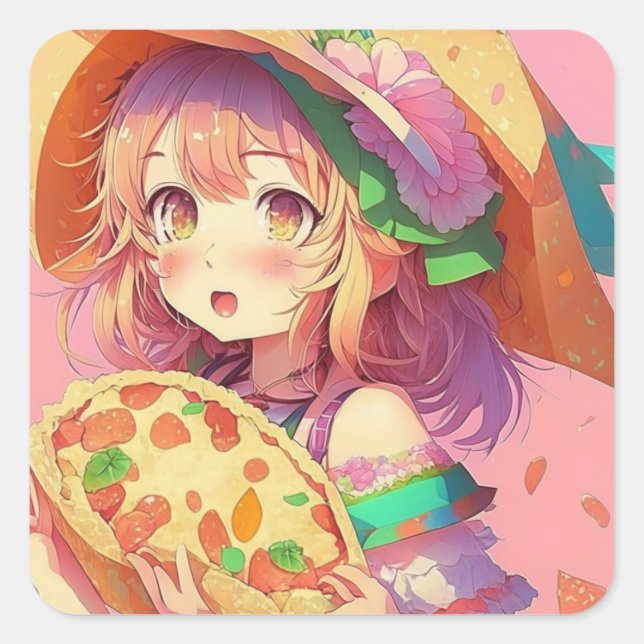 Pegatina Cuadrada Bonito Anime Chica llevando una pizza (Anverso)