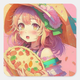 Pegatina Cuadrada Bonito Anime Chica llevando una pizza
