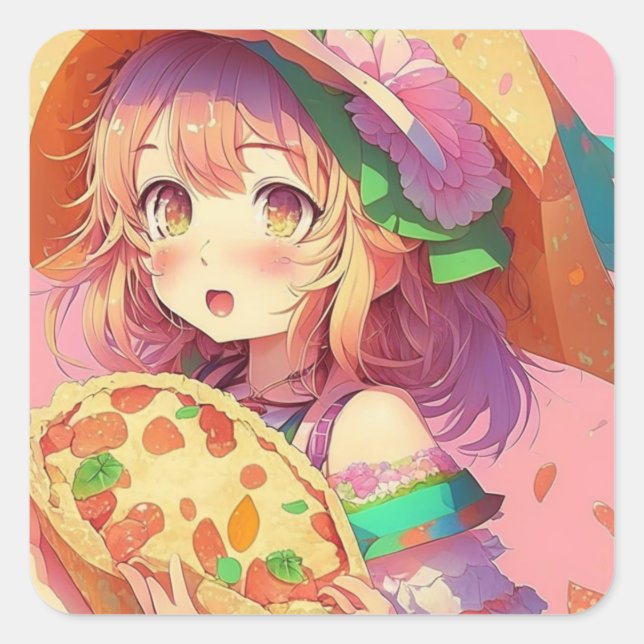 Pegatina Cuadrada Bonito Anime Chica llevando una pizza (Anverso)
