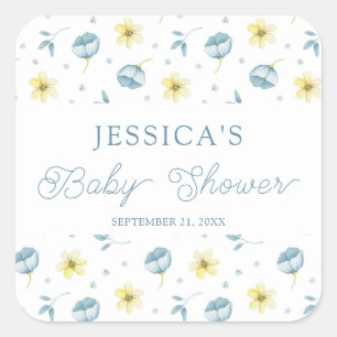 Pegatina Cuadrada Bonito Azul Amarillo Floral Baby Shower Favor
