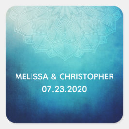 Pegatina Cuadrada Bonito Azul Mandala Resumen Boda
