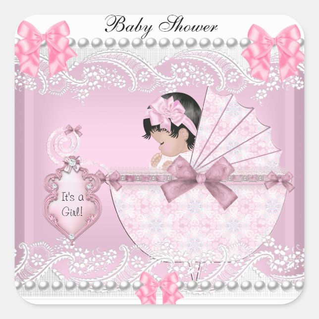 Pegatina Cuadrada Bonito Baby Shower Cute Baby Girl Pink Lace (Anverso)