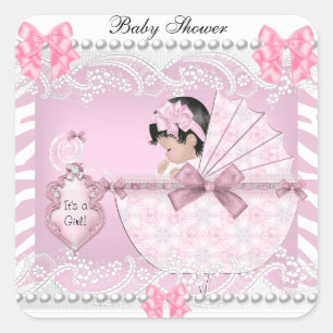 Pegatina Cuadrada Bonito Baby Shower Zebra Baby Girl Pink Lace