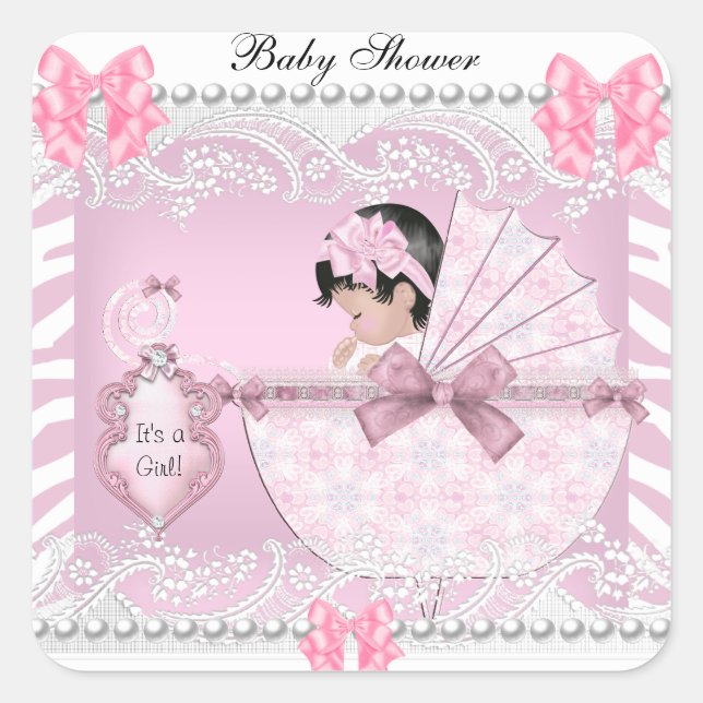 Pegatina Cuadrada Bonito Baby Shower Zebra Baby Girl Pink Lace (Anverso)