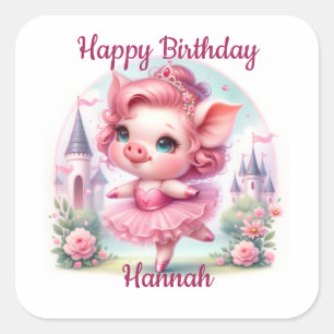 Pegatina Cuadrada Bonito Ballerina Pig con Castillo