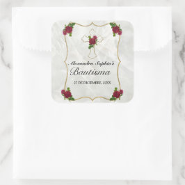 Pegatina Cuadrada Bonito bautismo de niñas con cruz de oro rosa roja