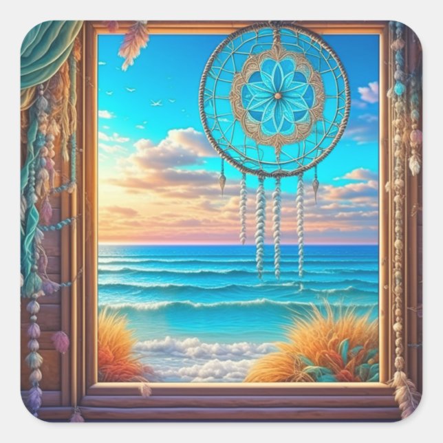 Pegatina Cuadrada Bonito Beachy Dreamcatcher en Ventana (Anverso)