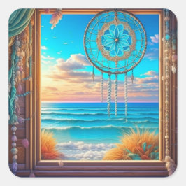 Pegatina Cuadrada Bonito Beachy Dreamcatcher en Ventana