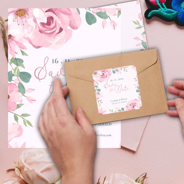 Pegatina Cuadrada Bonito Boda Floral Rosa Rubor Guardar fecha (Pretty Blush Pink Floral Wedding Save the date Square Sticker)
