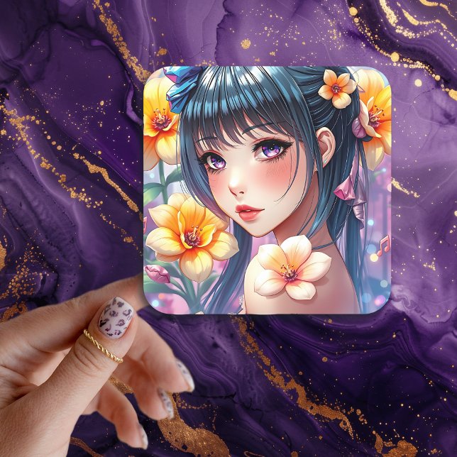 Pegatina Cuadrada Bonito Chica Anime con ojos morados (Subido por el creador)