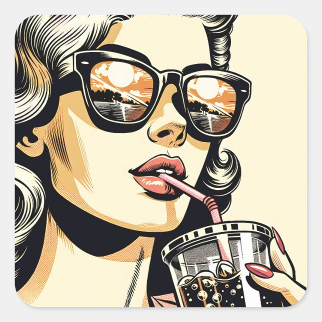 Pegatina Cuadrada Bonito de historietas de arte pop: Mujer bebiendo  (Anverso)