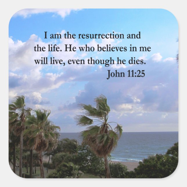 PEGATINA CUADRADA BONITO DISEÑO DE FOTOS DE JOHN 11:25 (Anverso)
