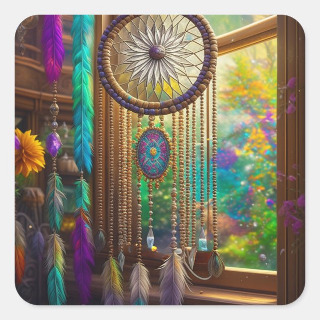 Pegatina Cuadrada Bonito Dreamcatcher en Window Purple Boho (Anverso)