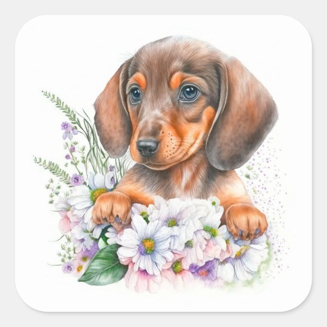 Pegatina Cuadrada Bonito Floral Dachshund Perro Cachorro (Anverso)