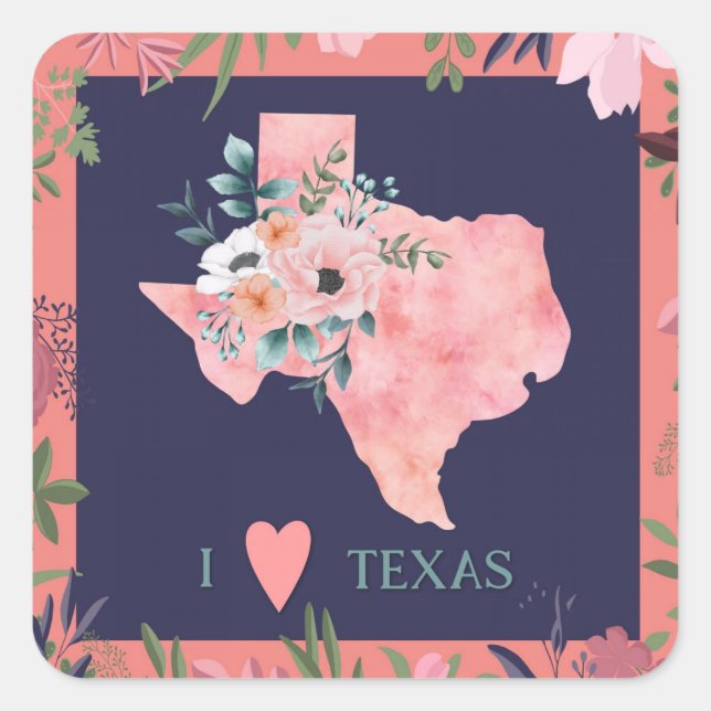 Pegatina Cuadrada Bonito Floral I Love Texas State Map (Anverso)