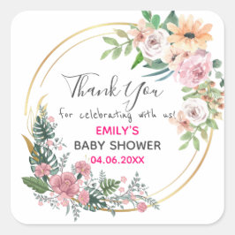 Pegatina Cuadrada Bonito Floral Rosa Wreath Gracias Baby Shower