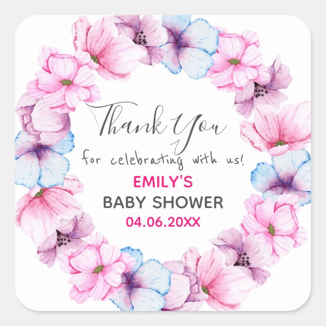 Pegatina Cuadrada Bonito Floral Rosa Wreath Gracias Baby Shower (Anverso)