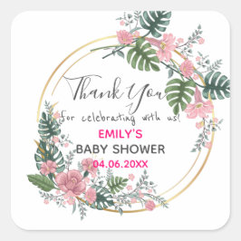 Pegatina Cuadrada Bonito Floral Rosa Wreath Gracias Baby Shower